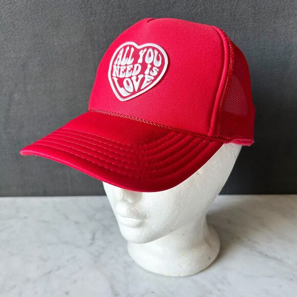 Vintage All You Need Is Love Cap Snapback Trucker Hat Red & White - One Size - Picture 1 of 9